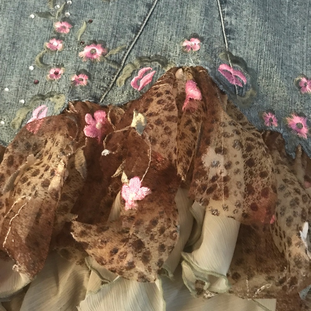 SOLD!!Fabulous Boho hippie leopard M/L denim skirt prairie cottage core - Picture 4 of 8